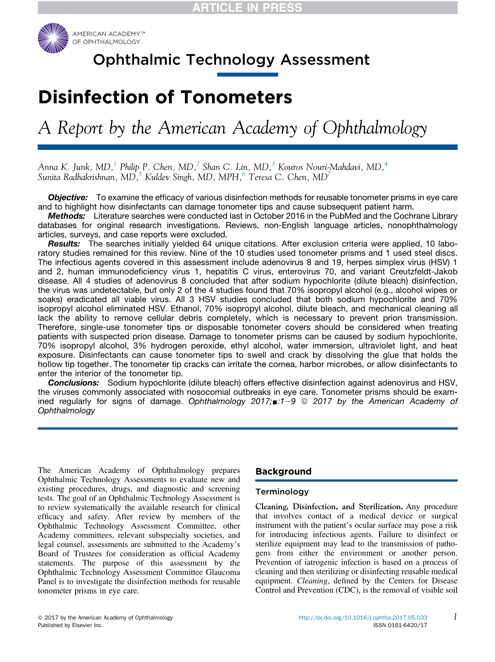 Disinfection of Tonometers a Report by the American Academy of Ophthalmology