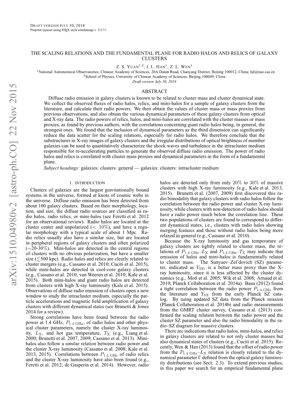 Arxiv:1510.04980V2 [Astro-Ph.CO] 22 Nov 2015 Eet Ta.21;D Aprne L 04.Hwvr Radio However, 2014)