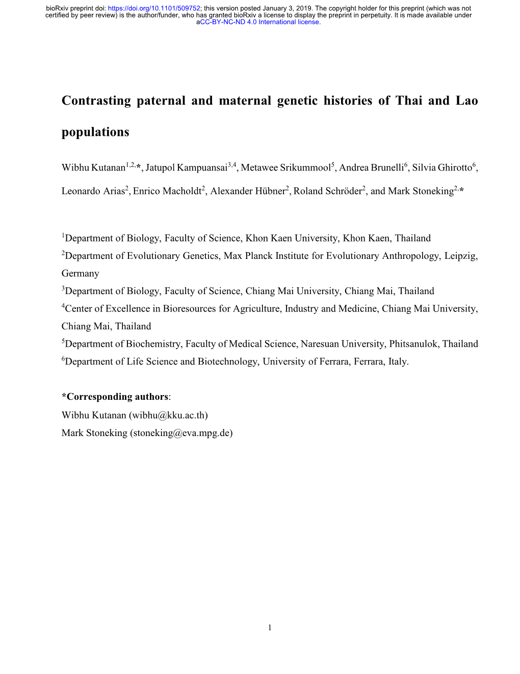 Contrasting Paternal and Maternal Genetic Histories of Thai and Lao