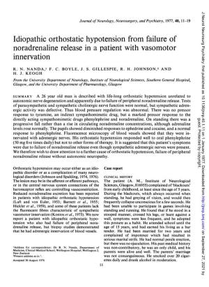 Idiopathic Orthostatic Hypotension from Failure of Noradrenaline Release in a Patient with Vasomotor Innervation