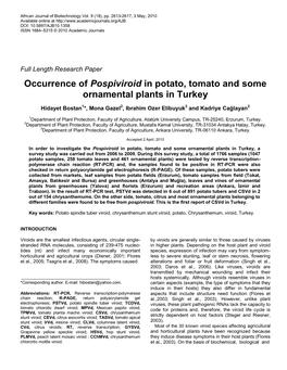 Occurrence of Pospiviroid in Potato, Tomato and Some Ornamental Plants in Turkey