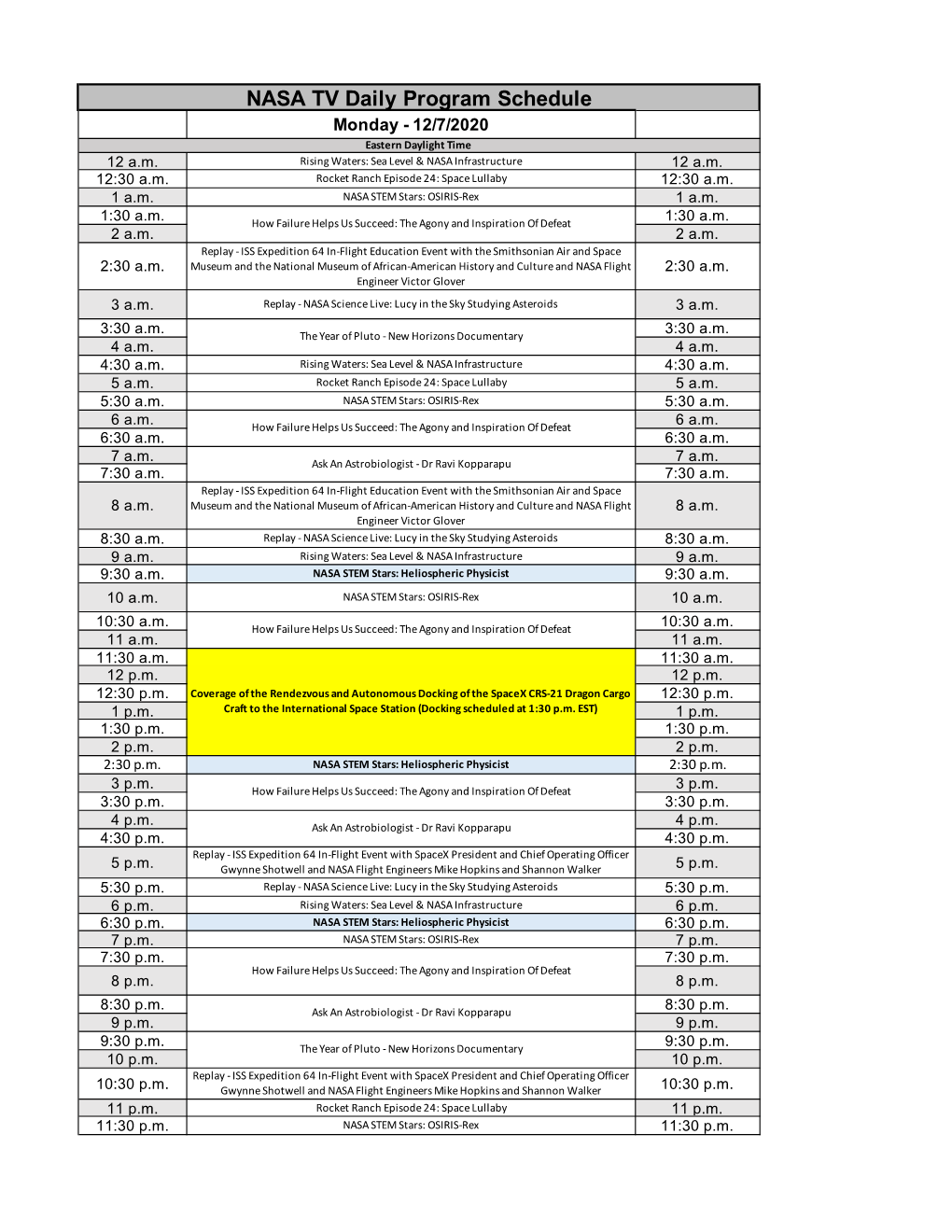 NASA TV Daily Program Schedule Monday - 12/7/2020 Eastern Daylight Time 12 A.M