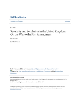 Secularity and Secularism in the United Kingdom: on the Way to the First Amendment Iain Mclean