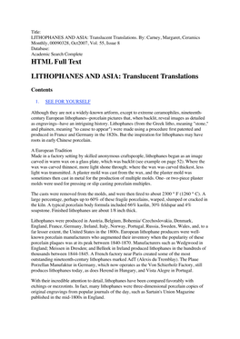 LITHOPHANES and ASIA: Translucent Translations