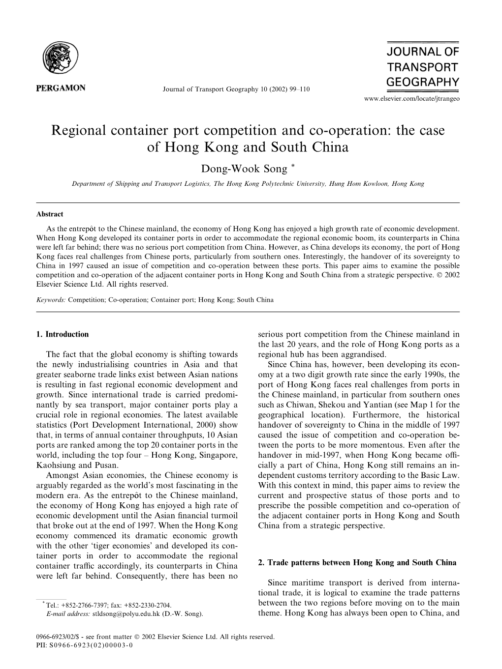 Regional Container Port Competition and Co-Operation: the Case of Hong