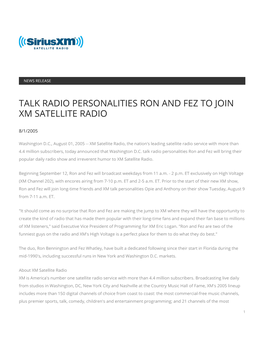 Talk Radio Personalities Ron and Fez to Join Xm Satellite Radio