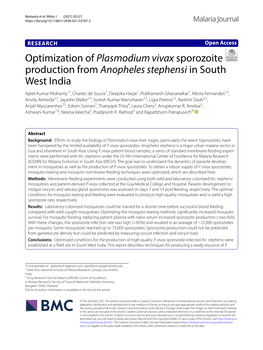 Optimization of Plasmodium Vivax Sporozoite Production from Anopheles Stephensi in South West India
