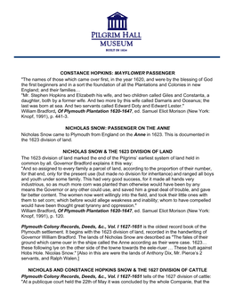 CONSTANCE HOPKINS: MAYFLOWER PASSENGER "The Names of Those Which Came Over First, in the Year 1620, and Were by the Blessin