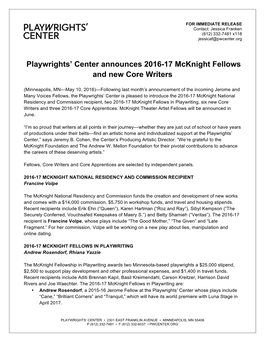 Playwrights' Center Announces 2016-17 Mcknight Fellows and New