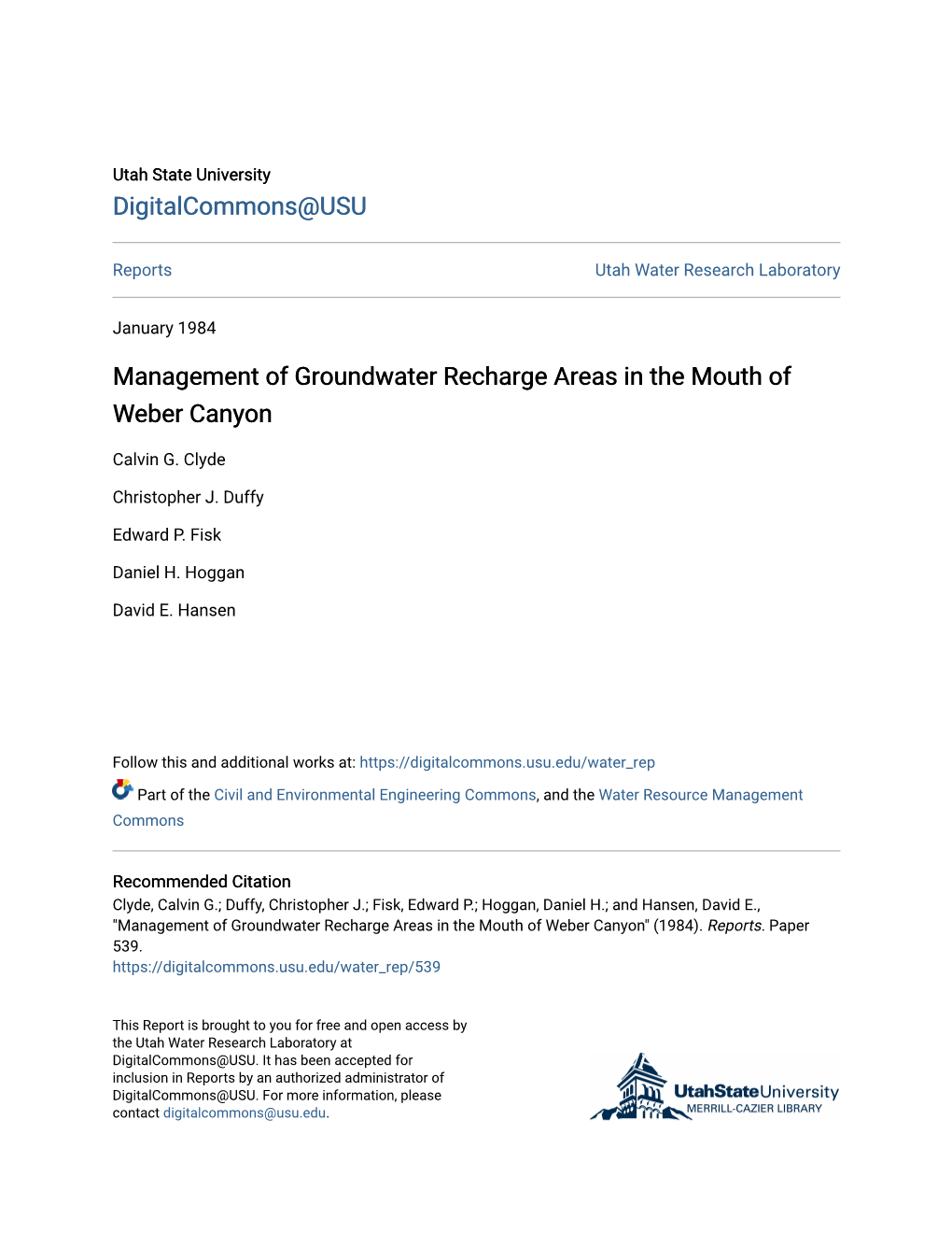 Management of Groundwater Recharge Areas in the Mouth of Weber Canyon