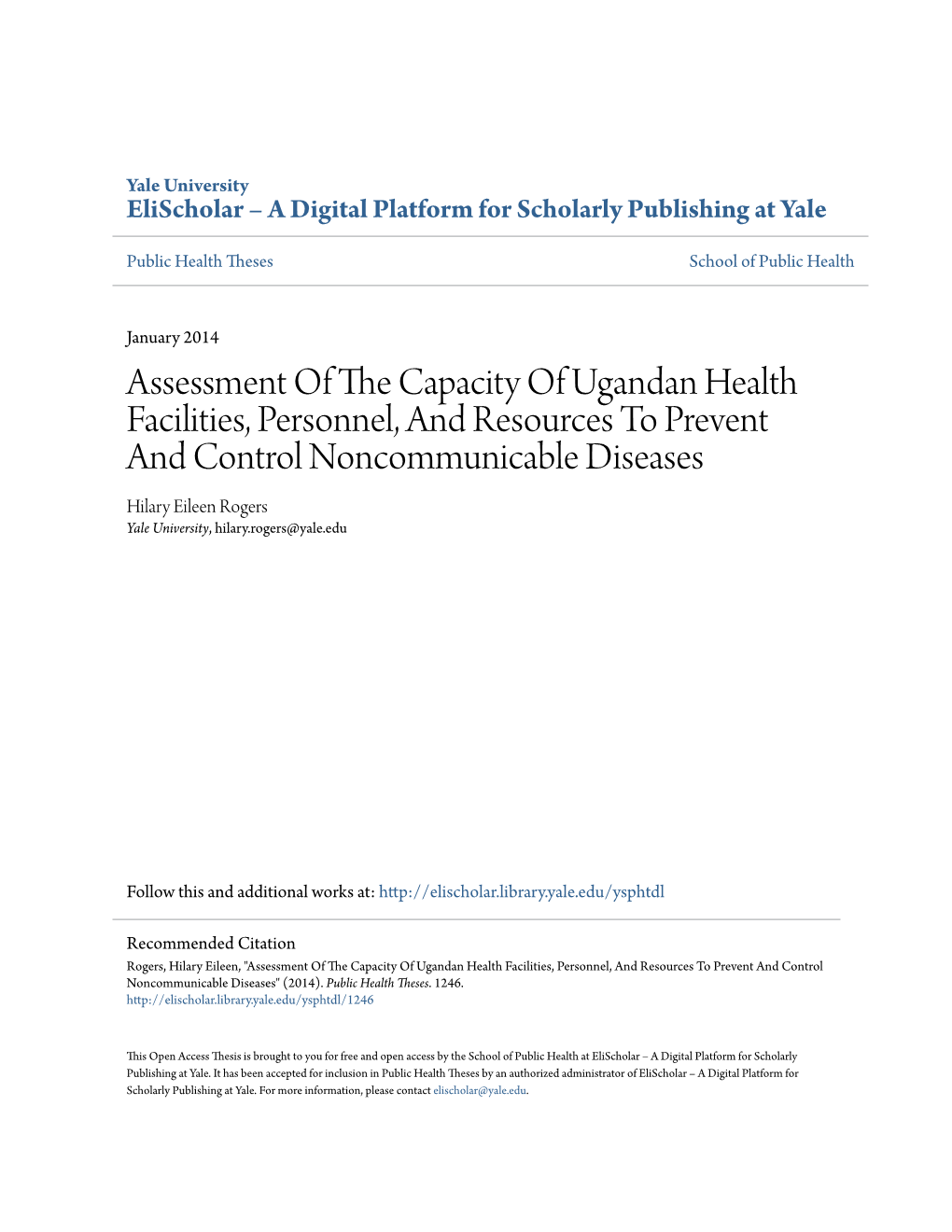 Assessment of the Capacity of Ugandan Health Facilities, Personnel, and Resources to Prevent and Control Noncommunicable Diseases