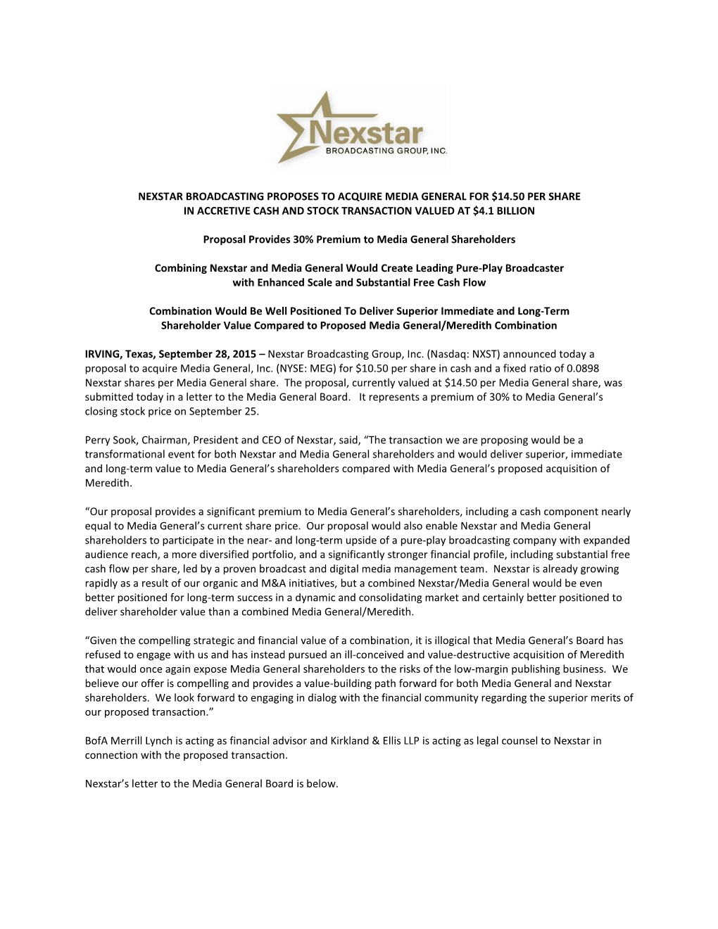 Nexstar Broadcasting Proposes to Acquire Media General for $14.50 Per Share in Accretive Cash and Stock Transaction Valued at $4.1 Billion