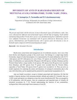 Diversity of Ants in Karamadai Region of Mettupalayam, Coimbatore, Tamil Nadu, India