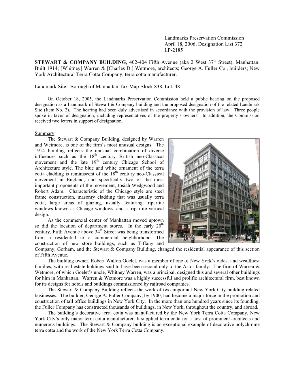 Landmarks Preservation Commission April 18, 2006, Designation List 372 LP-2185