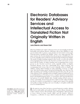 Electronic Databases for Readers' Advisory Services and Intellectual Access to Translated Fiction Not Originally Written in En