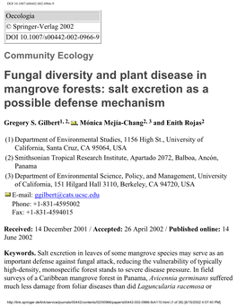 Fungal Diversity and Plant Disease in Mangrove Forests: Salt Excretion As a Possible Defense Mechanism
