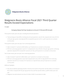 Walgreens Boots Alliance Fiscal 2021 Third Quarter Results Exceed Expectations