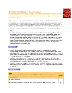 Cranberry (Vaccinium Macrocarpon) Natural Standard Bottom Line Monograph, Copyright © 2010 (