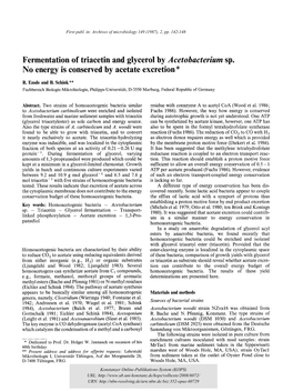 Fermentation of Triacetin and Glycerol by Acetobacterium Sp. : No Energy Is Conserved by Acetate Excretion