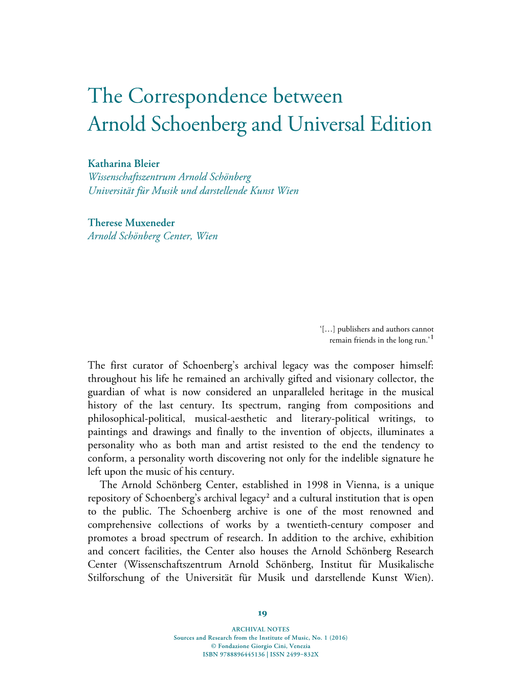 The Correspondence Between Arnold Schoenberg and Universal Edition