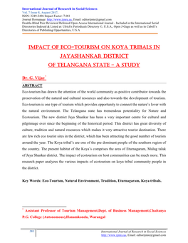 Impact of Eco-Tourism on Koya Tribals in Jayashankar District of Telangana State – a Study