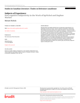 Post-Cognitive Subjectivity in the Work of Bpnichol and Daphne Marlatt Miriam Nichols