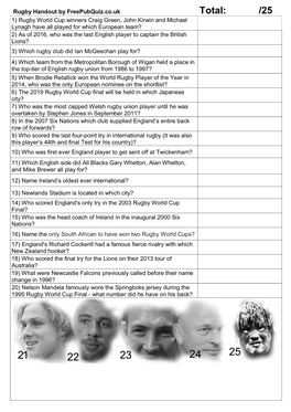 Free 25 Question Handout Rugby Quiz