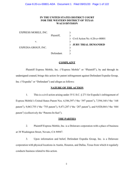 1 in the UNITED STATES DISTRICT COURT for the WESTERN DISTRICT of TEXAS WACO DIVISION EXPRESS MOBILE, INC. Plaintiff, V. EXPEDIA