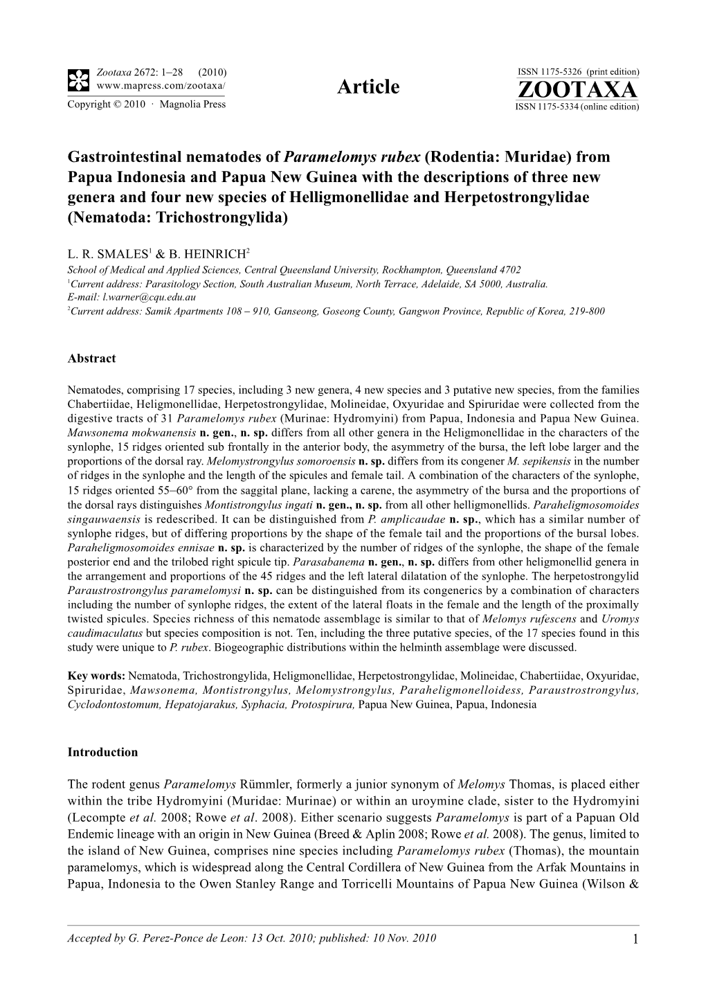 Gastrointestinal Nematodes of Paramelomys Rubex