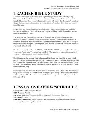 Teacher Bible Study Lesson Overview/Schedule
