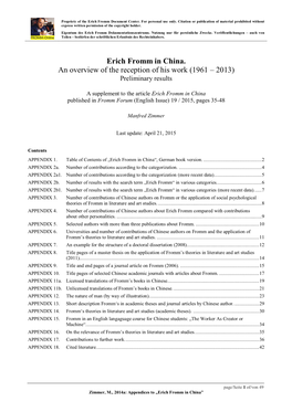 Erich Fromm in China. an Overview of the Reception of His Work (1961 – 2013) Preliminary Results