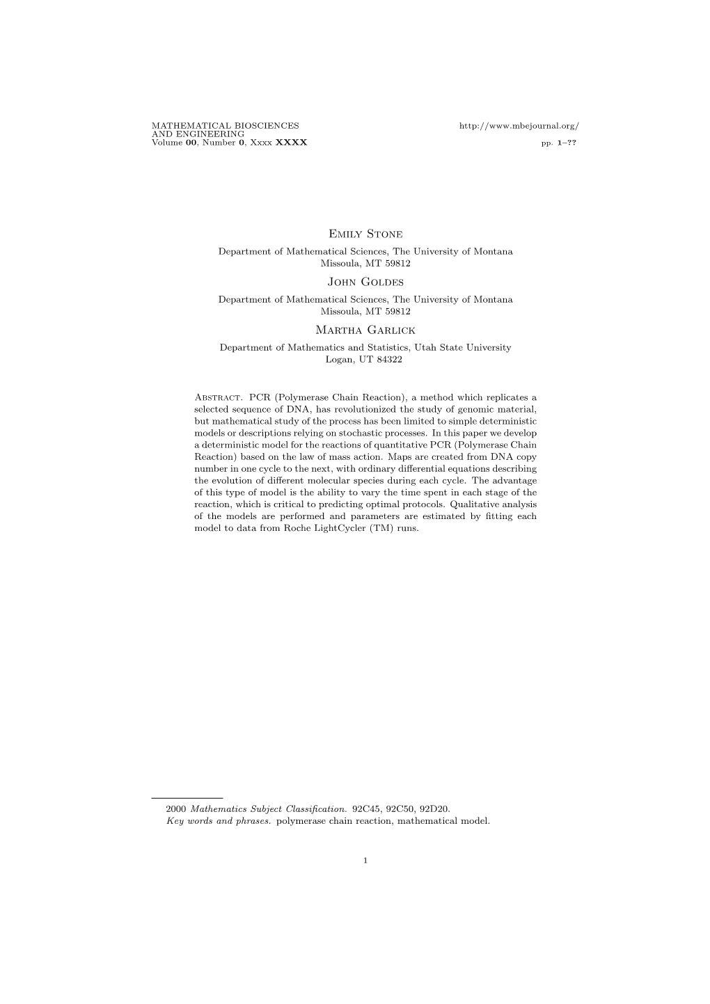 A MULTI-STAGE MODEL for QUANTITATIVE PCR Emily Stone