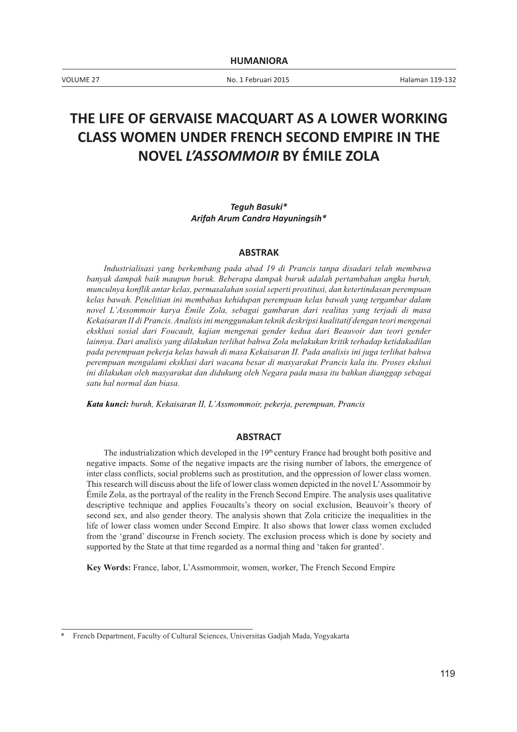 The Life of Gervaise Macquart As a Lower Working Class Women Under French Second Empire in the Novel L'assommoir by Émile Zola