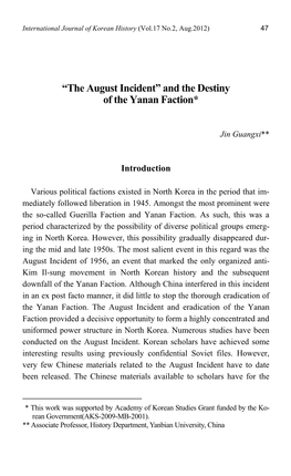 The August Incident” and the Destiny of the Yanan Faction*1