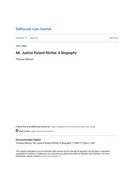 Mr. Justice Roland Ritchie: a Biography