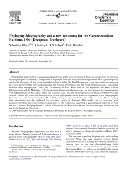 Phylogeny, Biogeography and a New Taxonomy for the Gecarcinucoidea Rathbun, 1904 (Decapoda: Brachyura) Sebastian Klausa,B,Ã, Christoph D