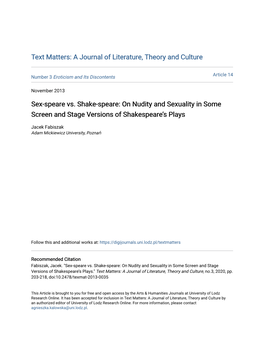 Sex-Speare Vs. Shake-Speare: on Nudity and Sexuality in Some Screen and Stage Versions of Shakespeare’S Plays