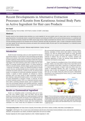 Recent Developments in Alternative Extraction Processes of Keratin from Keratinous Animal Body Parts As Active Ingredient for Hair Care Products