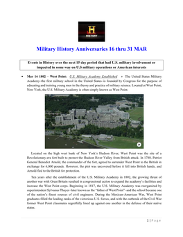 Military History Anniversaries 0316 Thru 033121