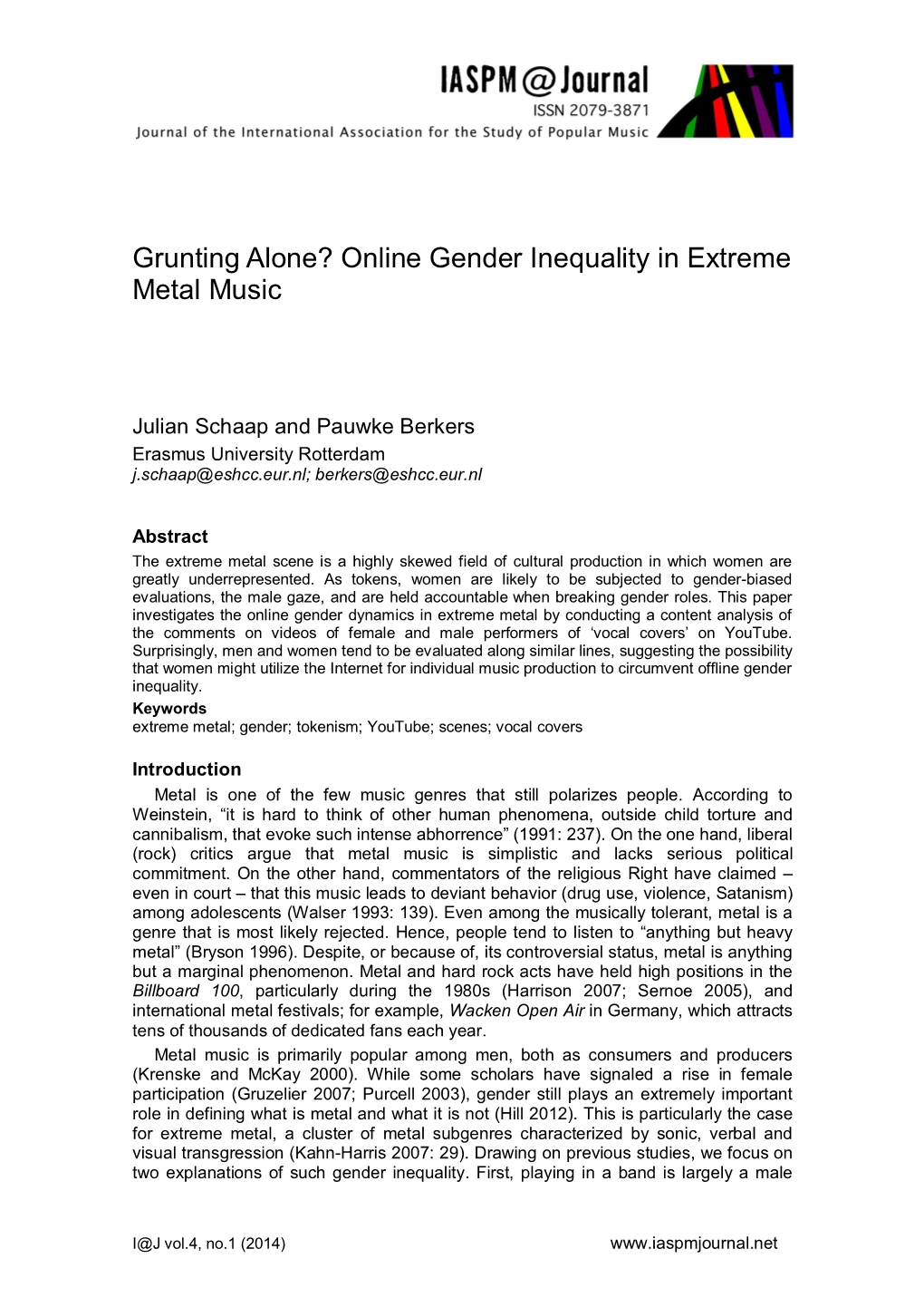 Grunting Alone? Online Gender Inequality in Extreme Metal Music