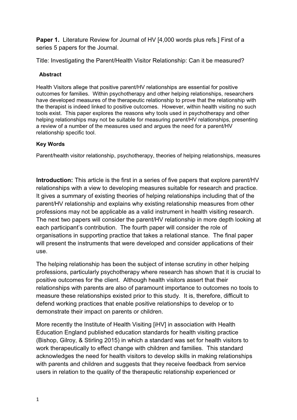 Title: Investigating the Parent/Health Visitor Relationship: Can It Be Measured?