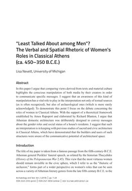 The Verbal and Spatial Rhetoric of Women's Roles in Classical Athens (Ca