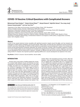 COVID-19 Vaccine: Critical Questions with Complicated Answers