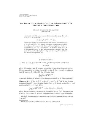 An Asymptotic Result on the A-Component in Iwasawa Decomposition