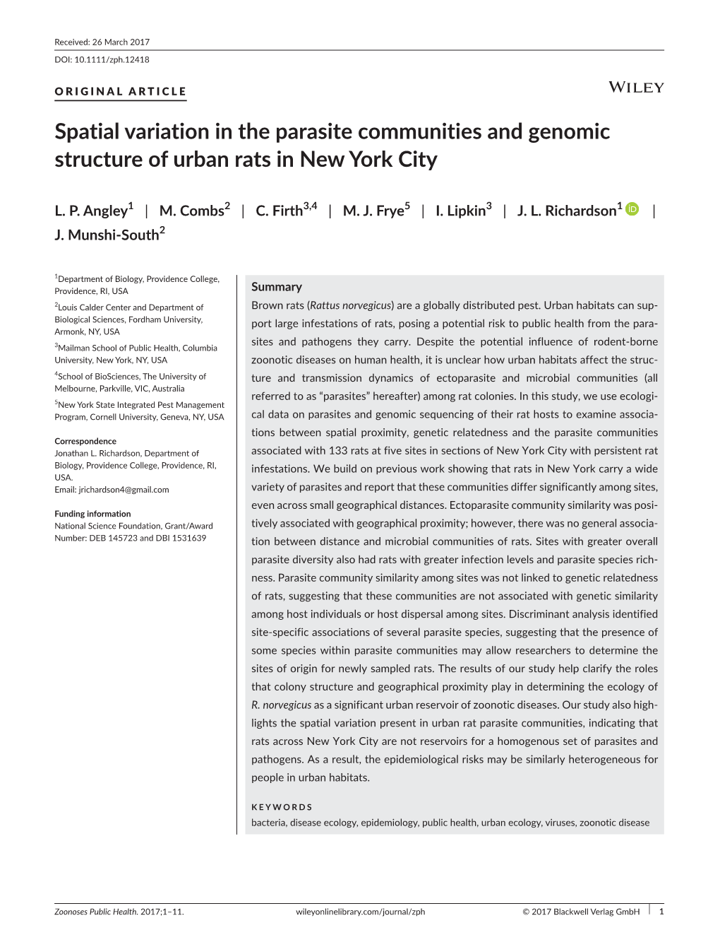 Spatial Variation in the Parasite Communities and Genomic Structure of Urban Rats in New York City
