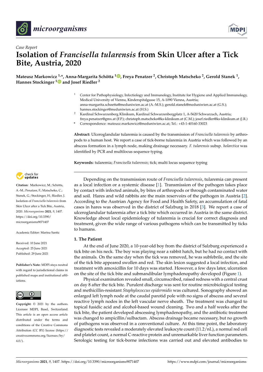 Isolation of Francisella Tularensis from Skin Ulcer After a Tick Bite, Austria, 2020