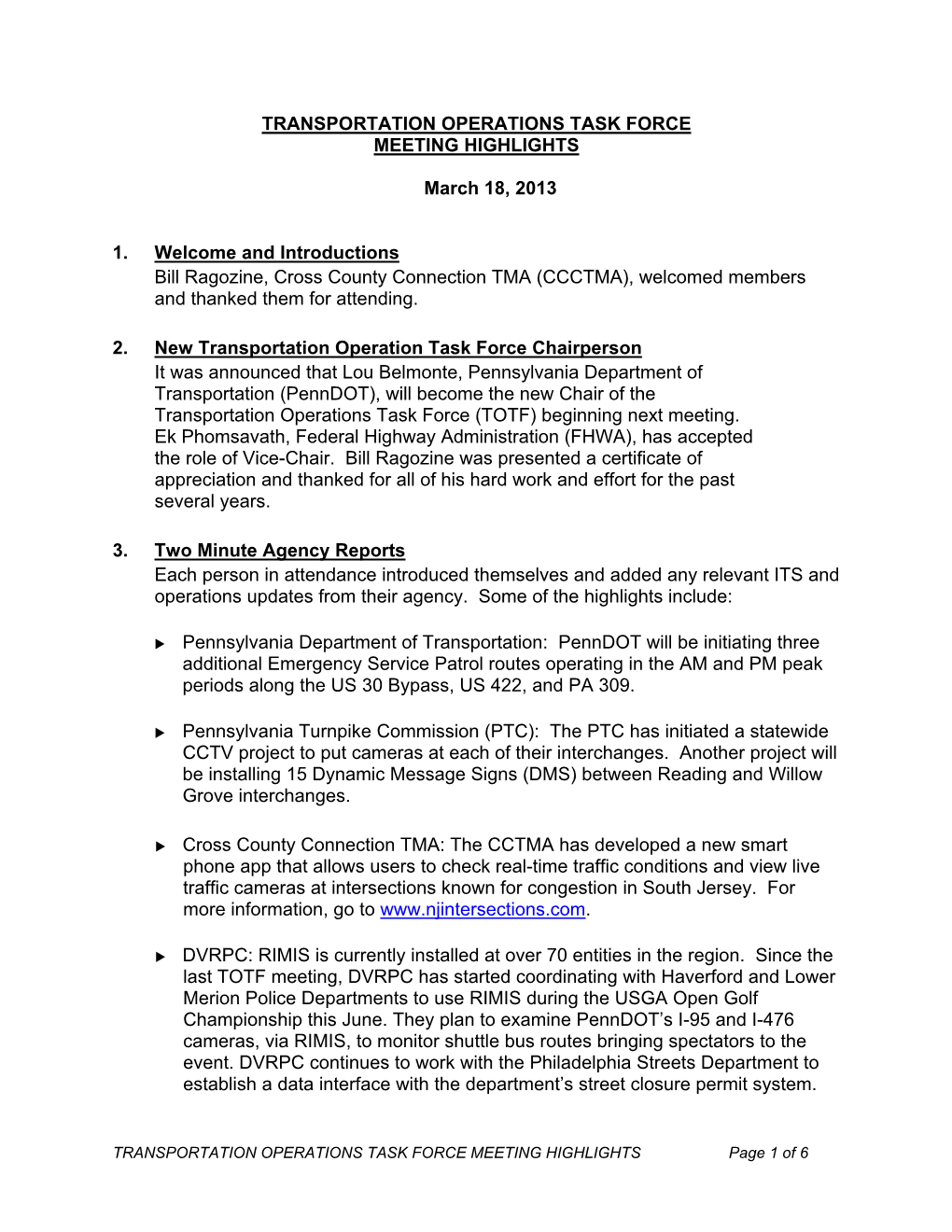 Transportation Operations Task Force Meeting Highlights