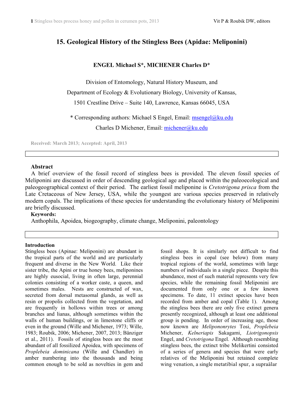 15. Geological History of the Stingless Bees (Apidae: Meliponini)