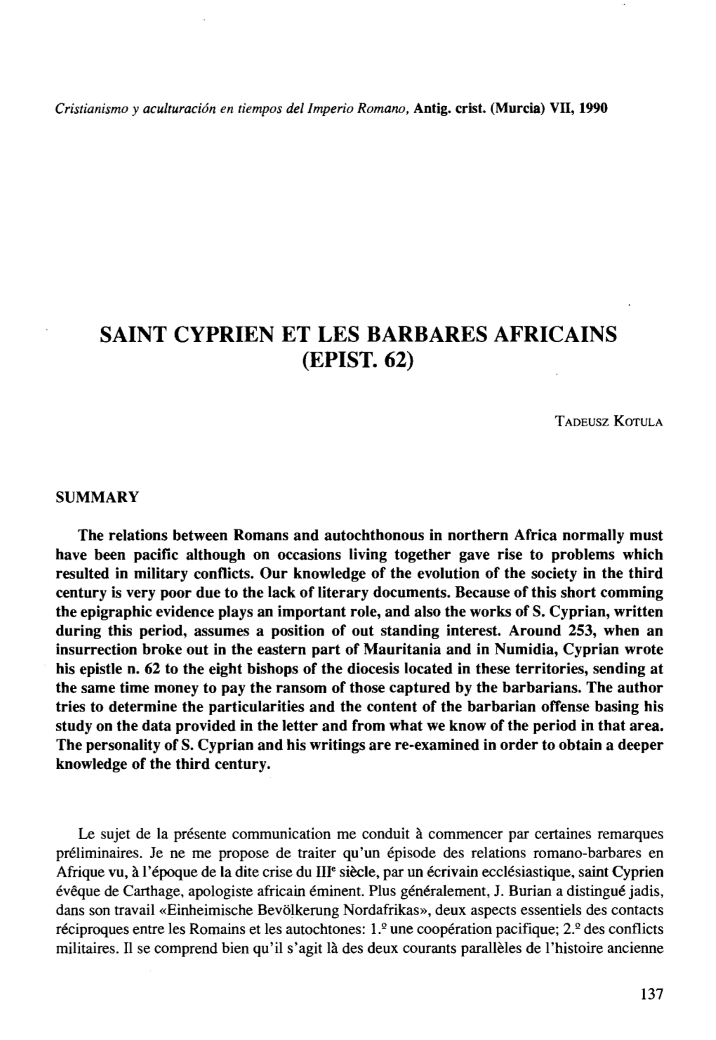 Saint Cyprien Et Les Barbares Africains (Epist