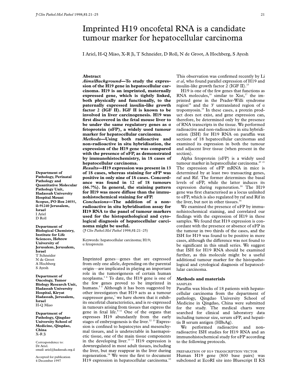 Imprinted H19 Oncofetal RNA Is a Candidate Tumour Marker for Hepatocellular Carcinoma